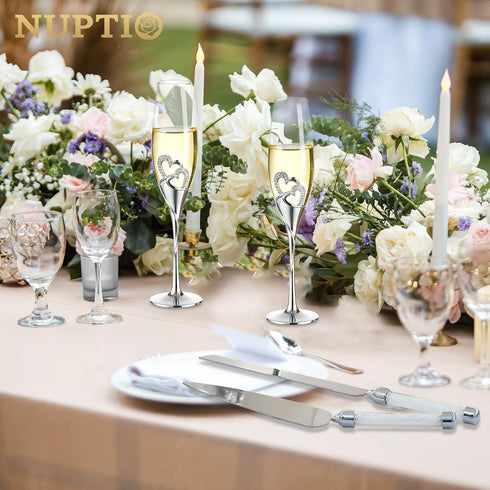 Silver Creative Heart Set with Diamonds Champagne Flutes - Wedding Glasses for Bride & Groom